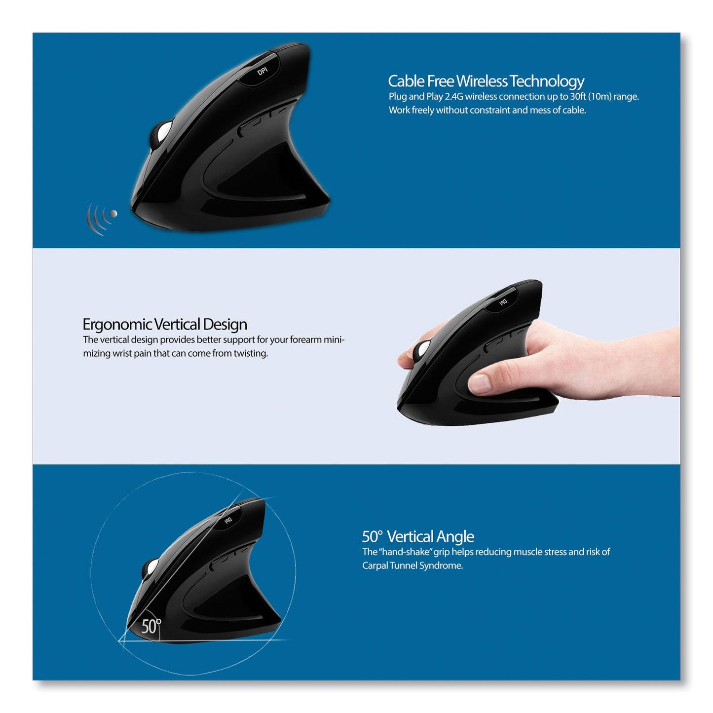 Adesso iMouse E10 Wireless Vertical Ergonomic USB Mouse, 2.4 GHz Frequency/33 ft Wireless Range, Right Hand Use, Black