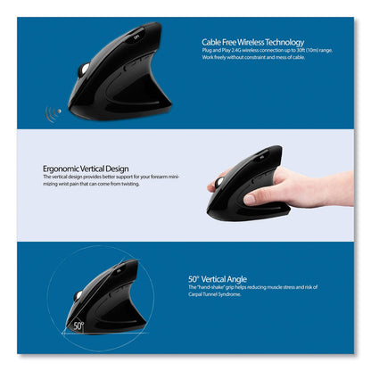 Adesso iMouse E10 Wireless Vertical Ergonomic USB Mouse, 2.4 GHz Frequency/33 ft Wireless Range, Right Hand Use, Black