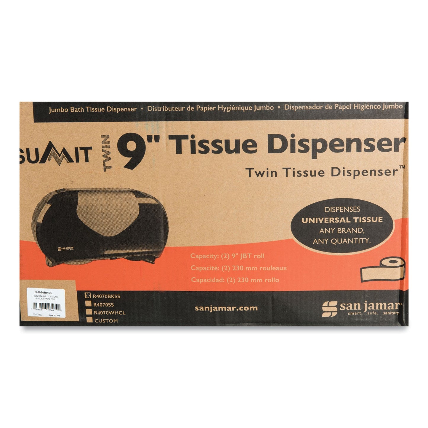 San Jamar Twin 9" Jumbo Bath Tissue Dispenser, Summit, 20.07 x 5.88 x 11.9, Black/Faux Stainless Steel