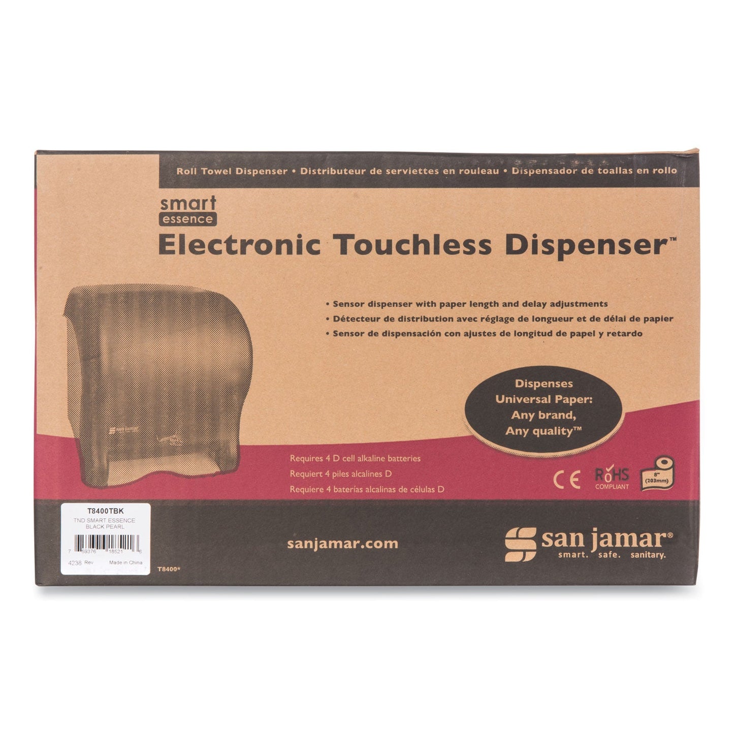 San Jamar Smart Essence Electronic Roll Towel Dispenser, 11.88 x 9.1 x 14.4, Black