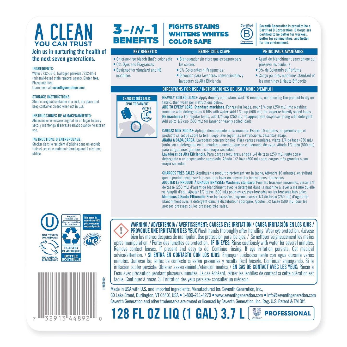 Seventh Generation Non Chlorine Bleach, Free and Clear, 1 gal Bottle