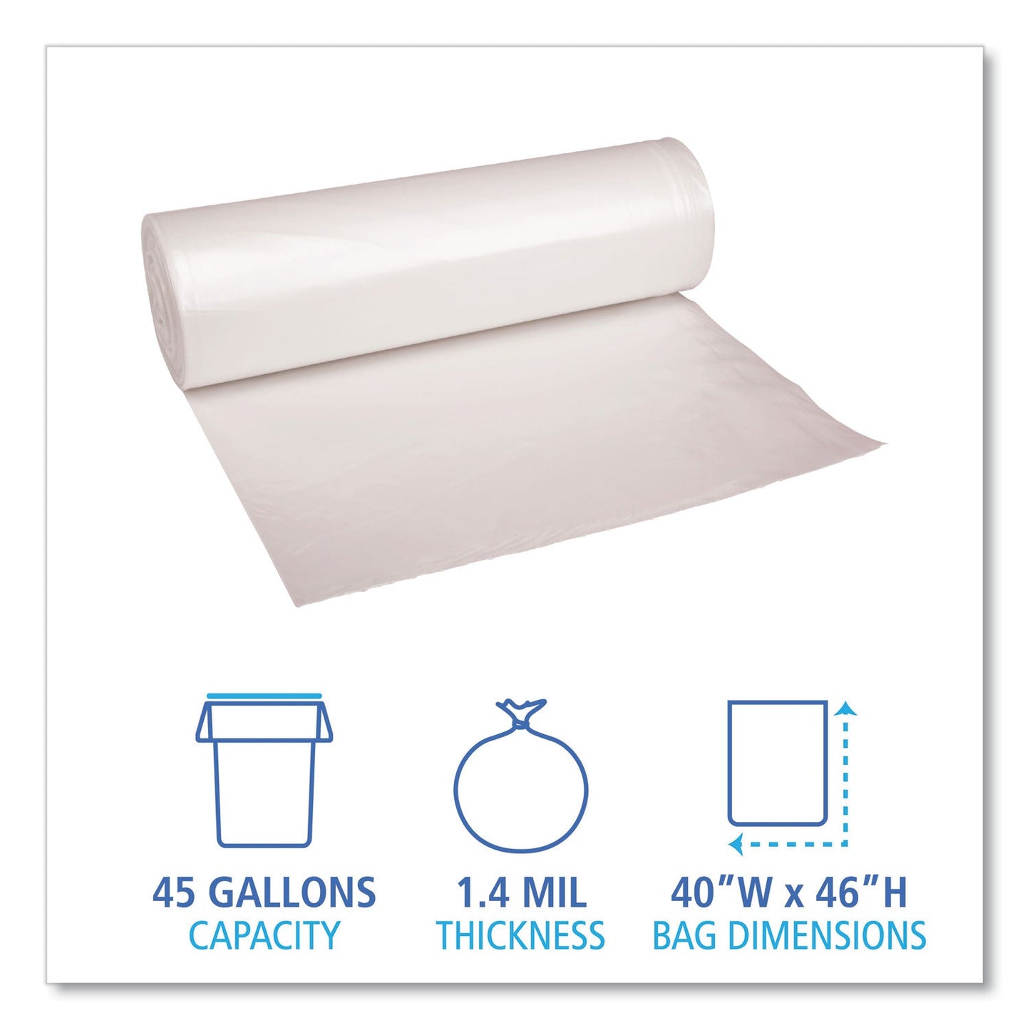 Boardwalk Low Density Repro Can Liners, 45 gal, 1.4 mil, 40" x 46", Clear, 10 Bags/Roll, 10 Rolls/Carton