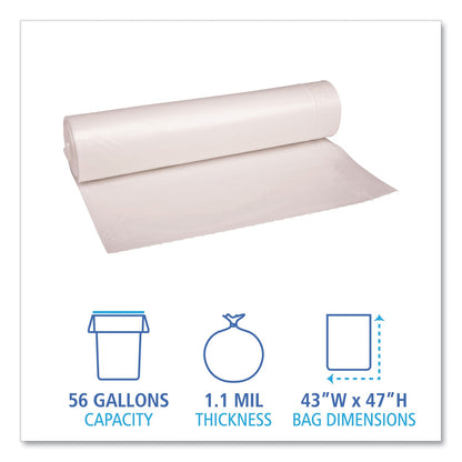Boardwalk Low Density Repro Can Liners, 56 gal, 1.1 mil, 43" x 47", Clear, 10 Bags/Roll, 10 Rolls/Carton