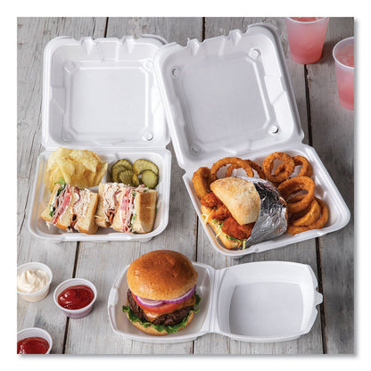 Pactiv Evergreen Vented Foam Hinged Lid Container, Dual Tab Lock, 3-Compartment, 8.42 x 8.15 x 3, White, 150/Carton