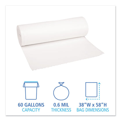 Boardwalk Low-Density Waste Can Liners, 60 gal, 0.6 mil, 38" x 58", White, 100/Carton
