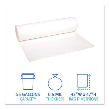 Boardwalk Low-Density Waste Can Liners, 56 gal, 0.6 mil, 43" x 47", White, 100/Carton