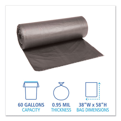 Boardwalk Low-Density Waste Can Liners, 60 gal, 0.95 mil, 38" x 58", Gray, 100/Carton