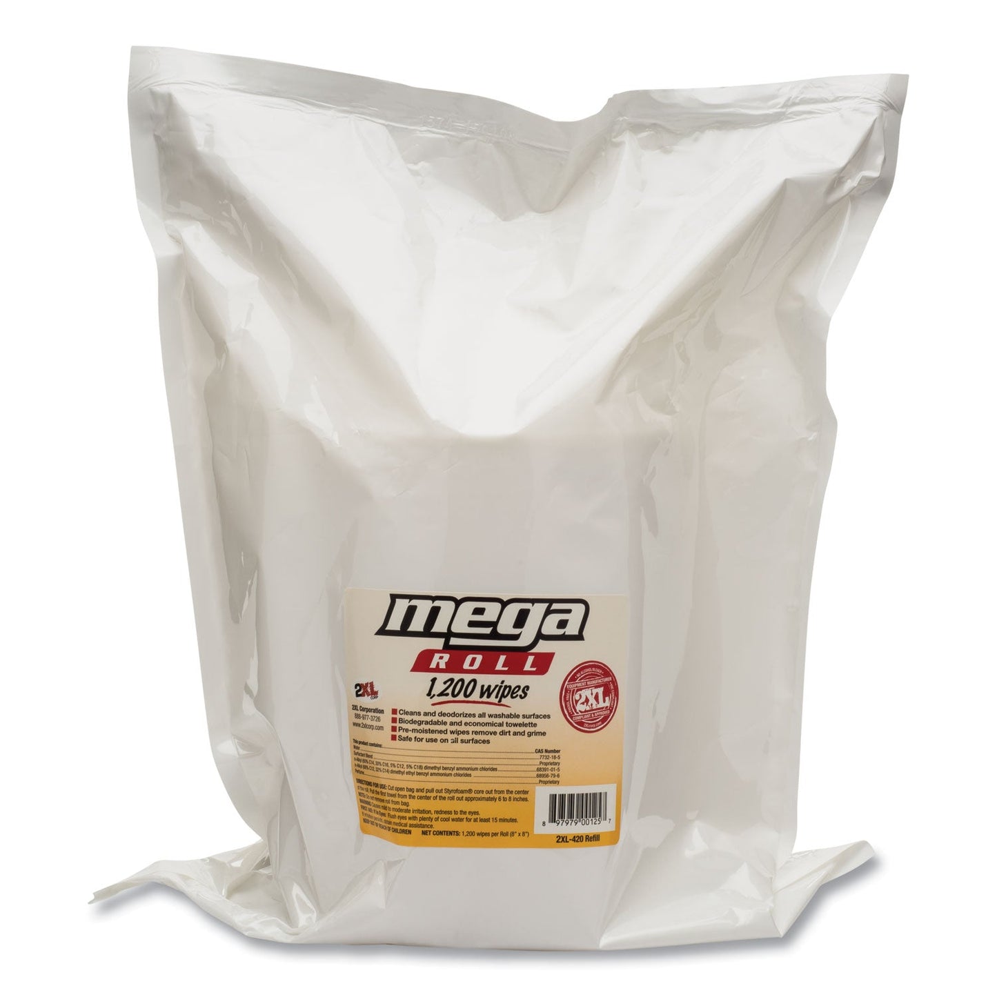 2XL Gym Wipes Mega Roll Refill, 8 x 8, White, 1,200/Roll, 2 Rolls/Carton