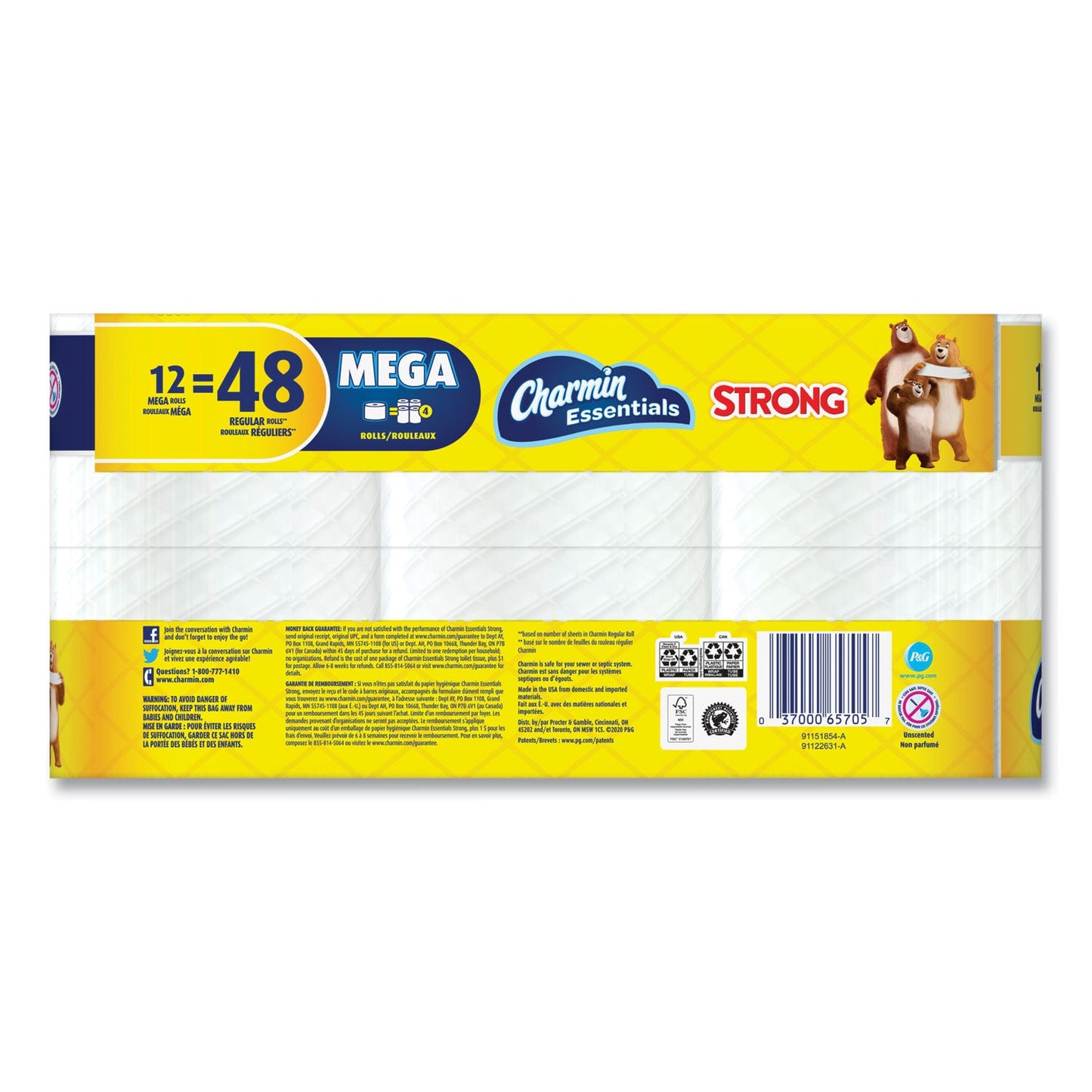 Charmin Essentials Strong Bathroom Tissue, Septic Safe, 1-Ply, White, 451/Roll,12 Rolls/Pack