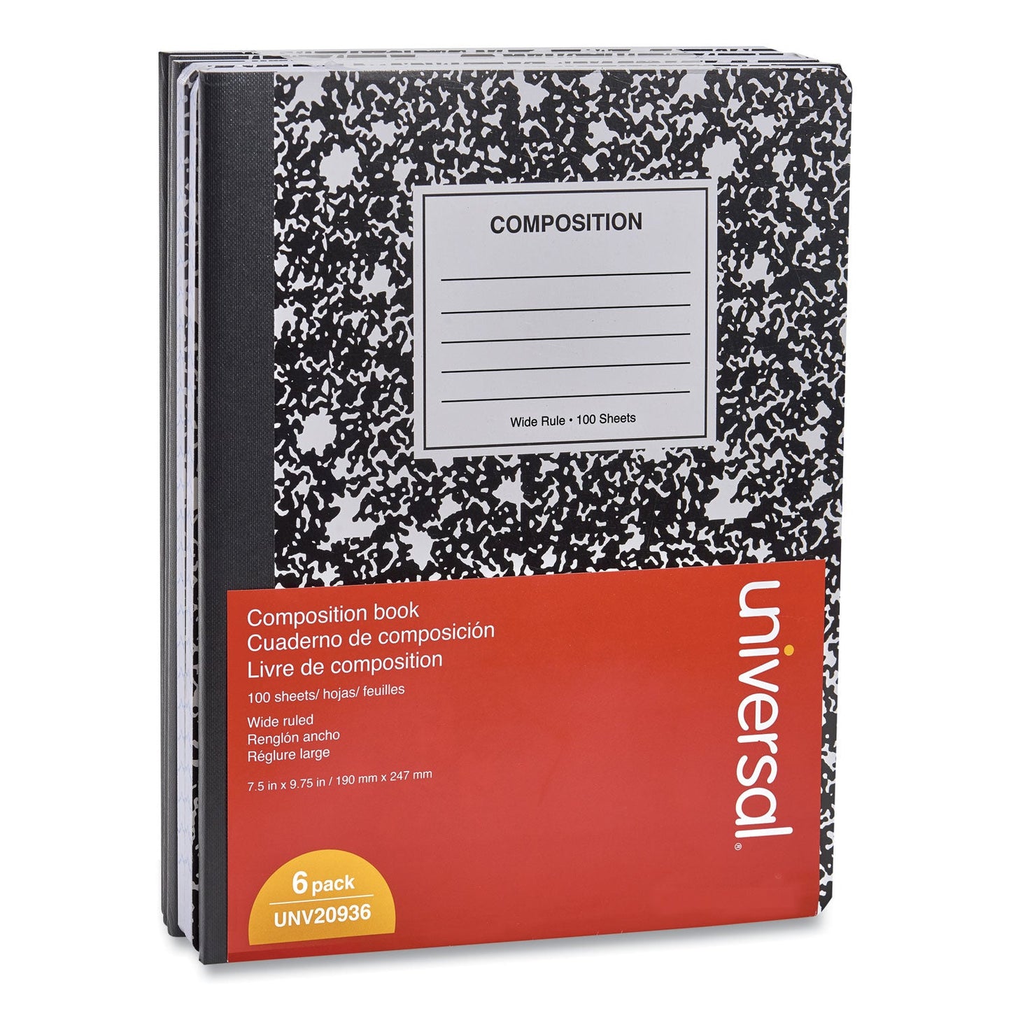 Universal Composition Book, Wide/Legal Rule, Black Marble Cover, 9.75 x 7.5, 100 Sheets, 6/Pack