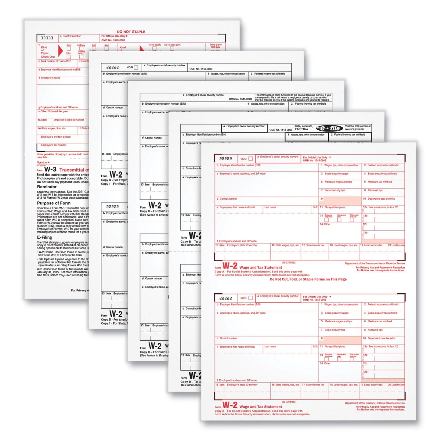 TOPS W-2 Tax Forms, Four-Part Carbonless, 5.5 x 8.5, 2/Page, (50) W-2s and (1) W-3