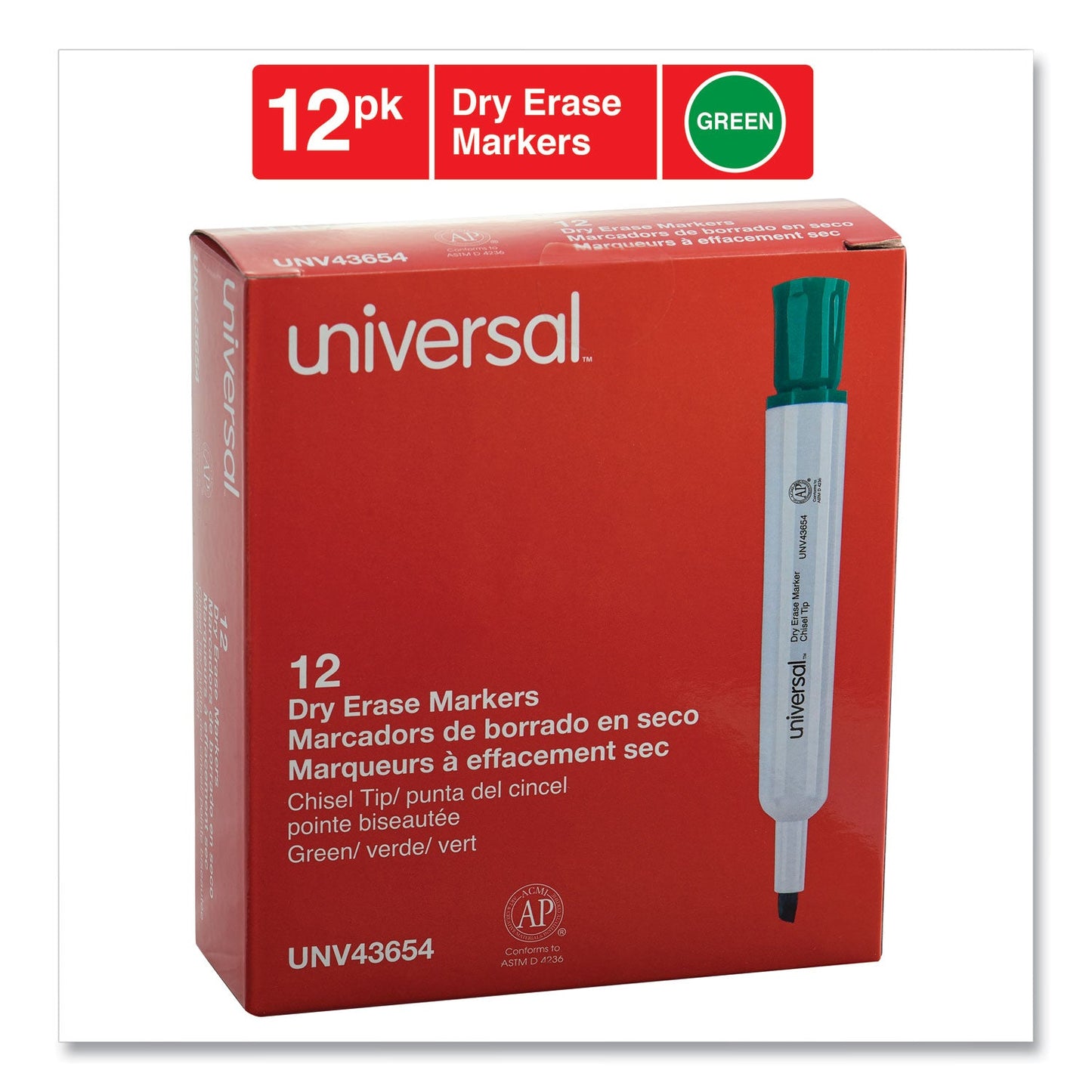 Universal Dry Erase Marker, Broad Chisel Tip, Green, Dozen