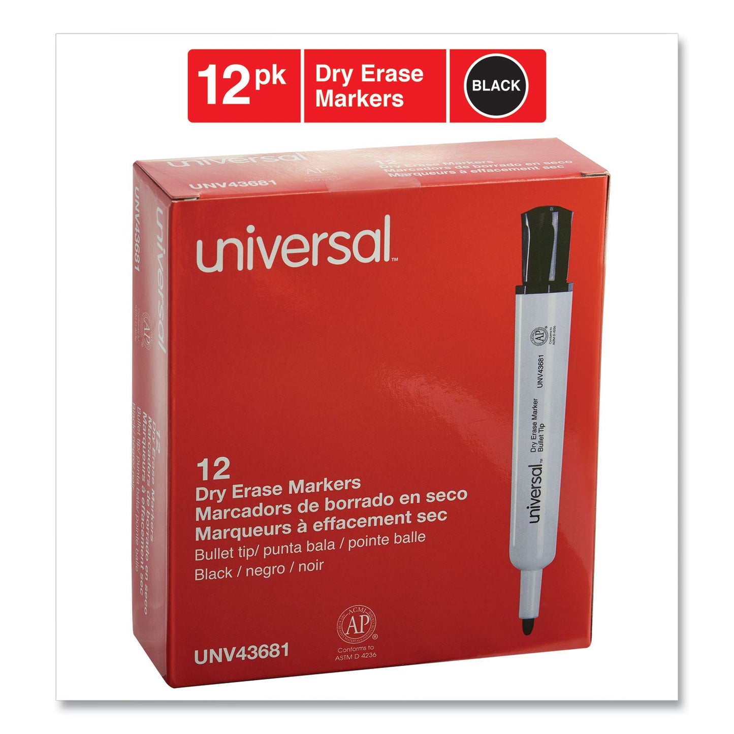 Universal Dry Erase Marker, Medium Bullet Tip, Black, Dozen