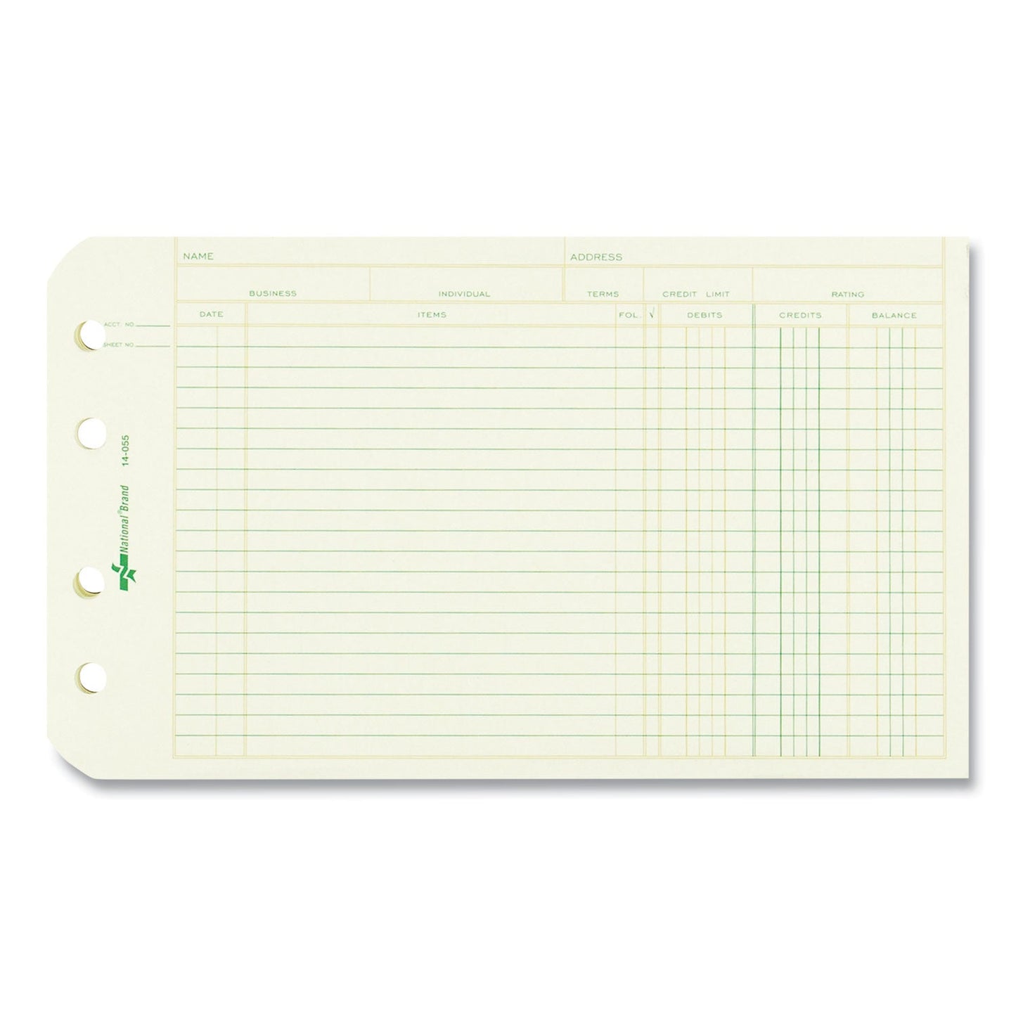 National Four-Ring Binder Refill Sheets, 5 x 8.5, Green, 100/Pack