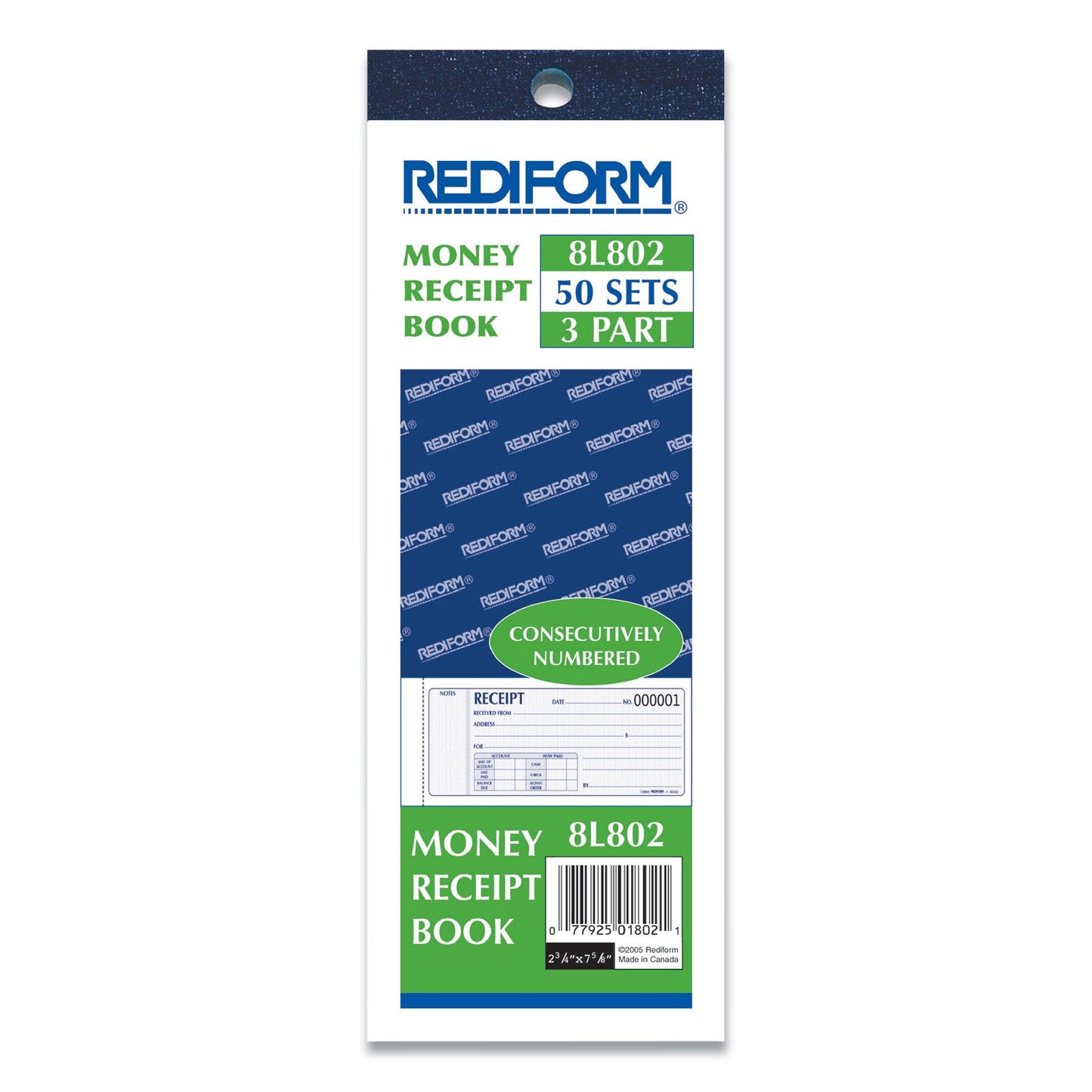Rediform Receipt Book, Three-Part Carbonless, 7 x 2.75, 1/Page, 50 Forms