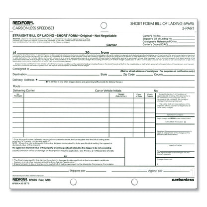 Rediform Bill of Lading, Short Form, Three-Part Carbonless, 7 x 8.5, 1/Page, 50 Forms