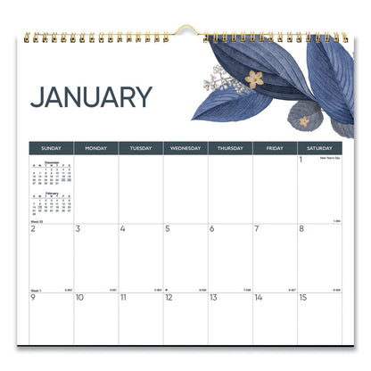 Blueline 12-Month Colorful Wall Calendar, Watercolor Gold Detail Floral Artwork, 12 x 17, White Sheets, 12-Month (Jan to Dec): 2023