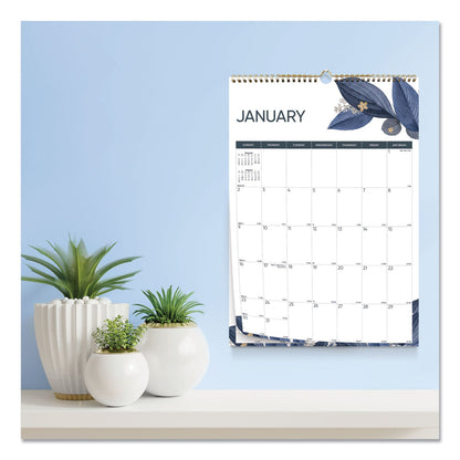 Blueline 12-Month Colorful Wall Calendar, Watercolor Gold Detail Floral Artwork, 12 x 17, White Sheets, 12-Month (Jan to Dec): 2023