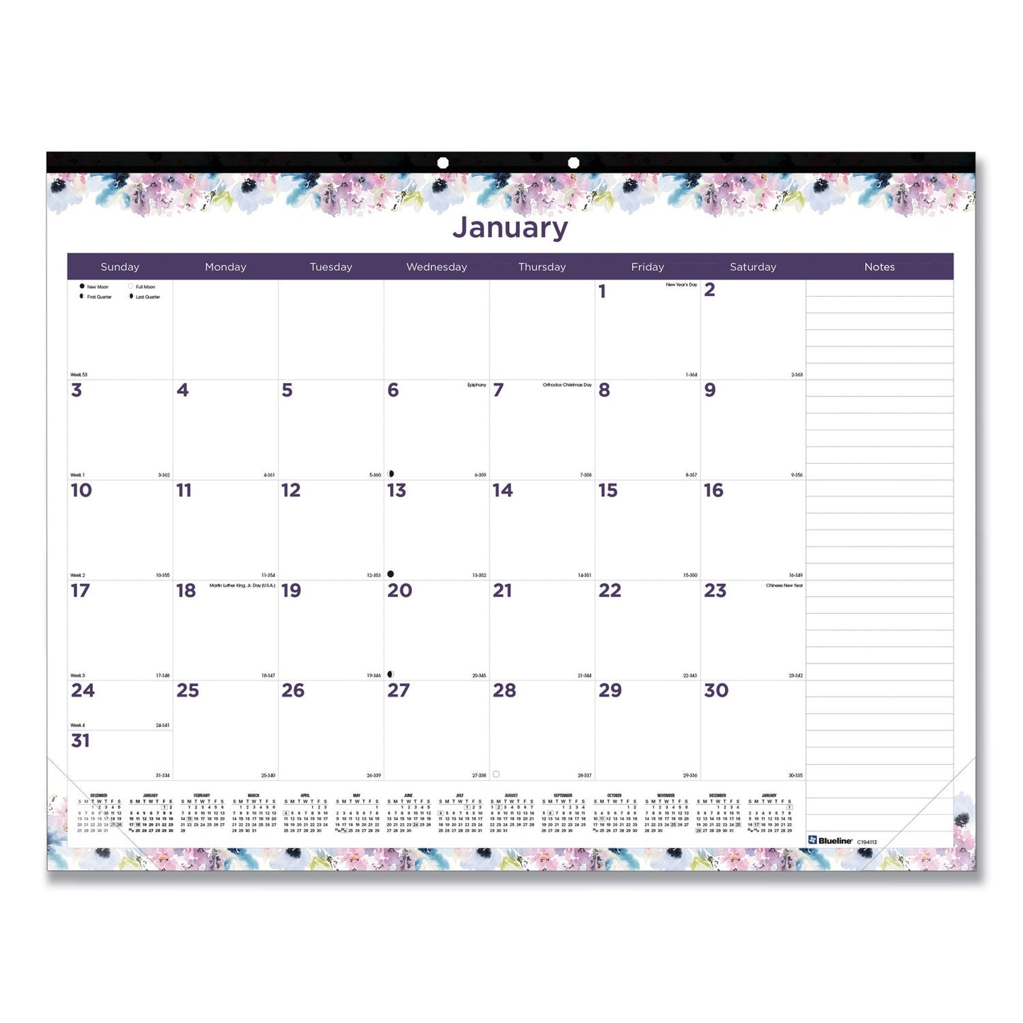 Blueline Passion Monthly Deskpad Calendar, Floral Artwork, 22 x 17, White/Multicolor Sheets, Black Binding, 12-Month (Jan-Dec): 2023