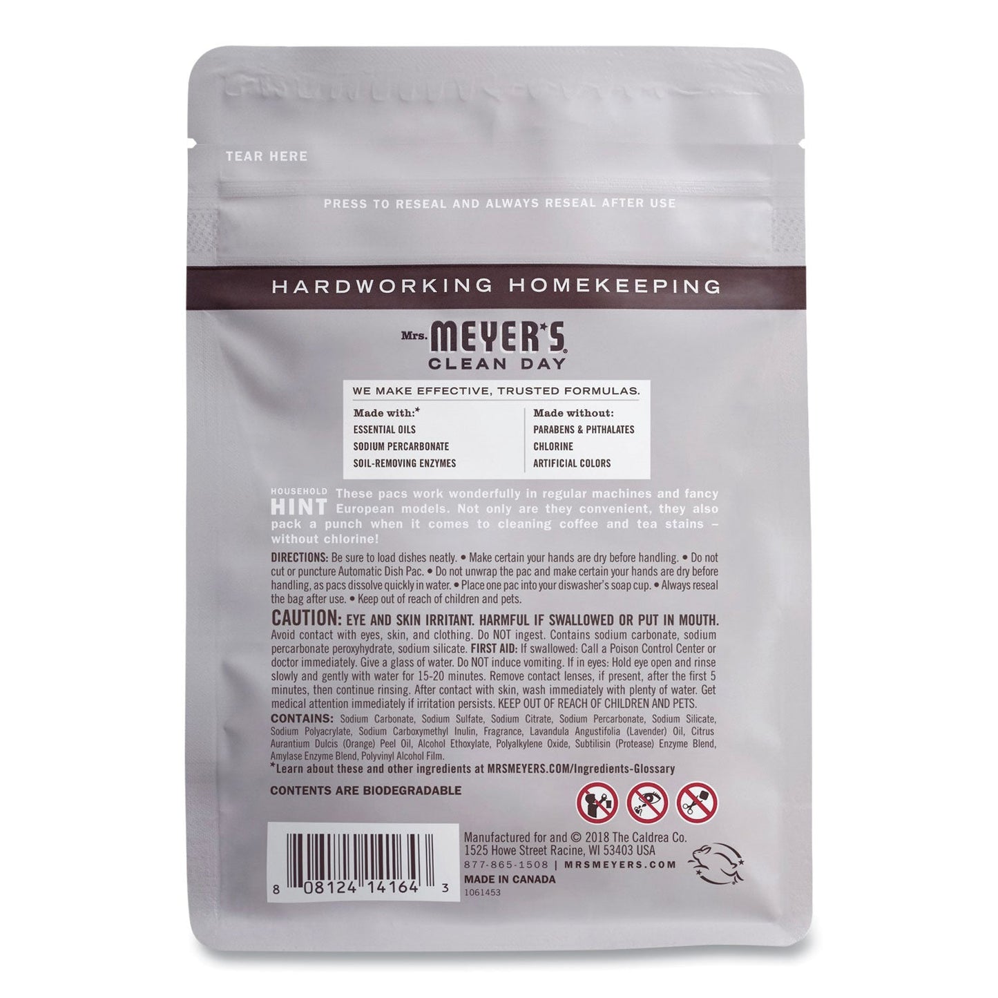 Mrs. Meyer's Automatic Dish Detergent, Lavender, 12.7 oz Pack, 20/Pack, 6 Packs/Carton
