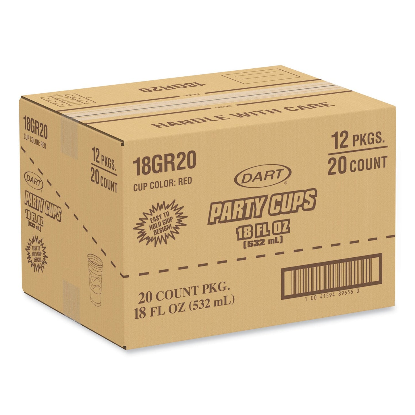 Dart Solo Party Plastic Cold Drink Cups, Slip-Resistant Grip, 18 oz, Red, 20/Bag, 12 Bags/Carton