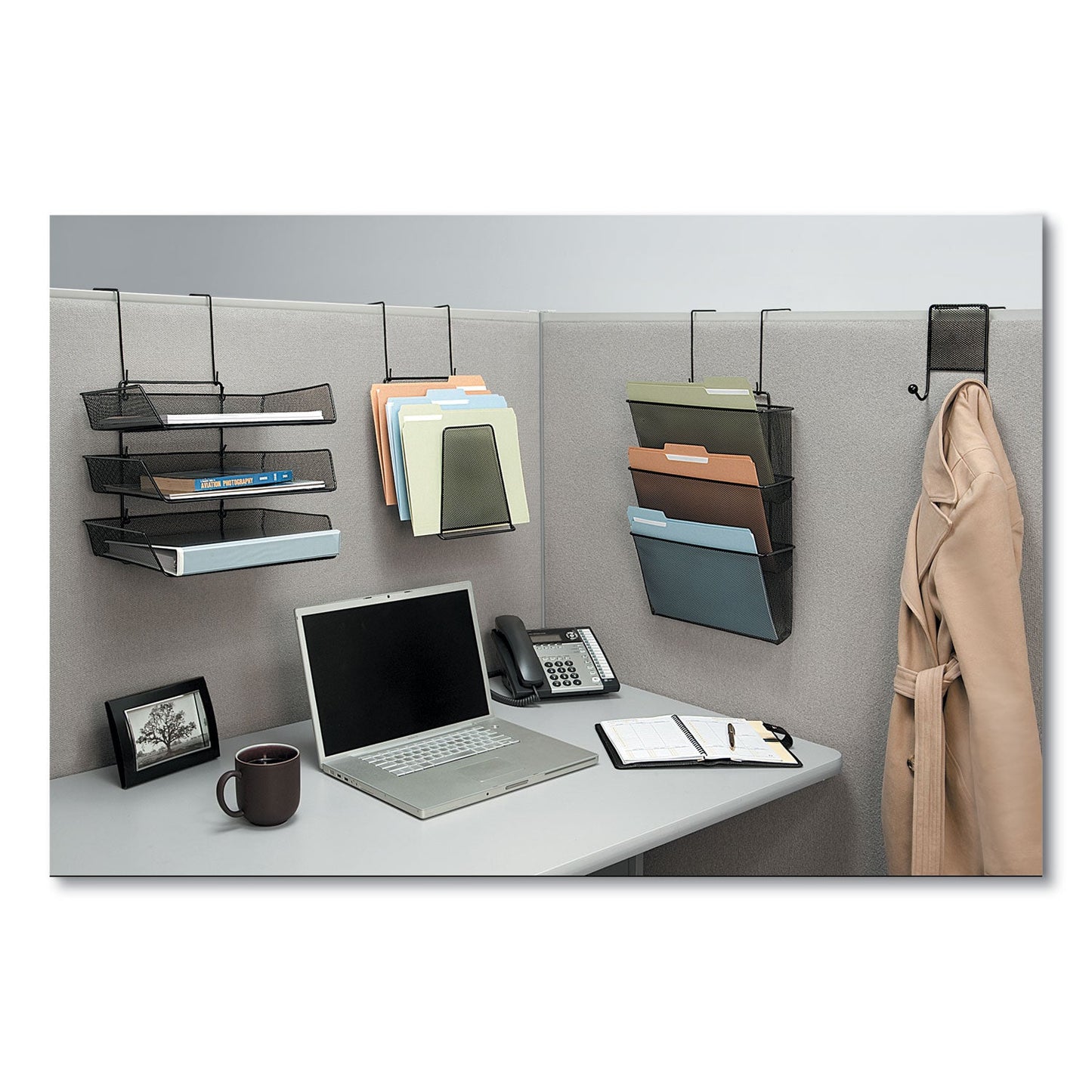 Fellowes Mesh Partition Additions Three-Tray Organizer, 11.13 x 14 x 14.75, Over-the-Panel/Wall Mount, Black