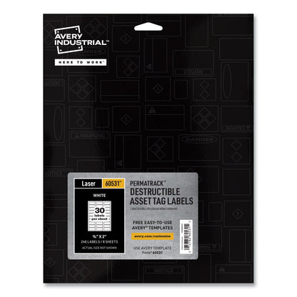 Avery PermaTrack Destructible Asset Tag Labels, Laser Printers, 0.75 x 2, White, 30/Sheet, 8 Sheets/Pack