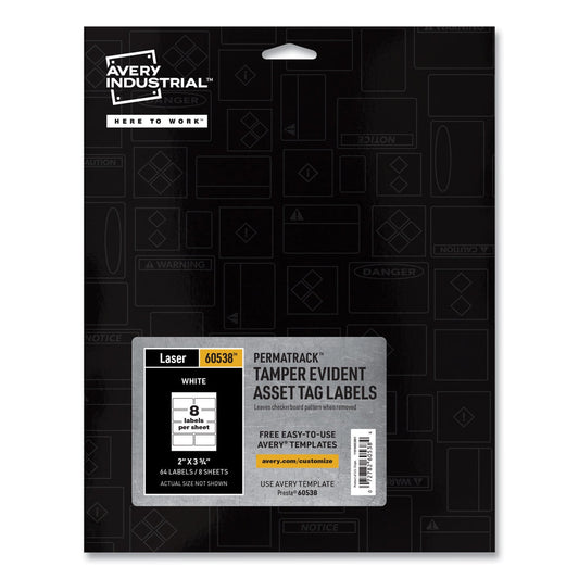 Avery PermaTrack Tamper-Evident Asset Tag Labels, Laser Printers, 2 x 3.75, White, 8/Sheet, 8 Sheets/Pack