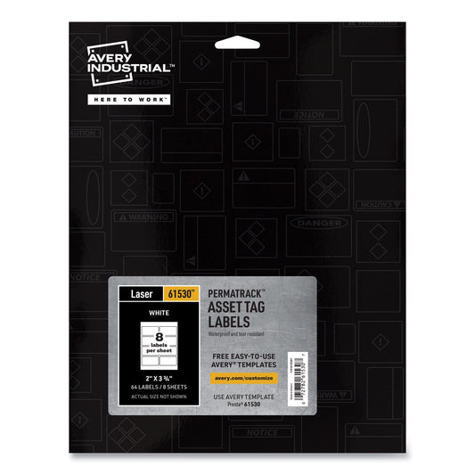 Avery PermaTrack Durable White Asset Tag Labels, Laser Printers, 2 x 3.75, White, 8/Sheet, 8 Sheets/Pack