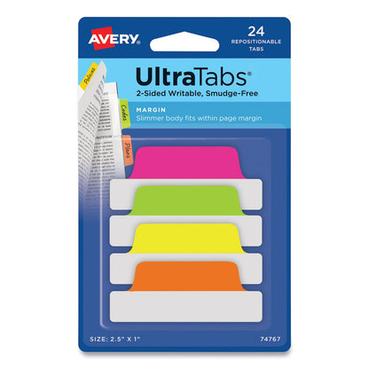 Avery Ultra Tabs Repositionable Tabs, Margin Tabs: 2.5" x 1", 1/5-Cut, Assorted Neon Colors, 24/Pack