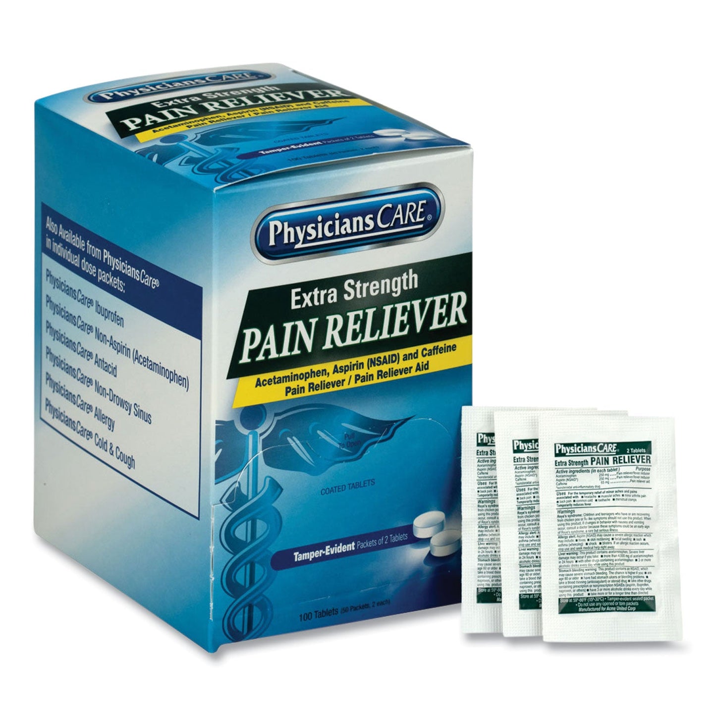 PhysiciansCare Extra-Strength Pain Reliever, Two-Pack, 50 Packs/Box