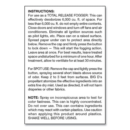 Big D Industries Odor Control Fogger, Mountain Air Scent, 5 oz Aerosol Spray, 12/Carton