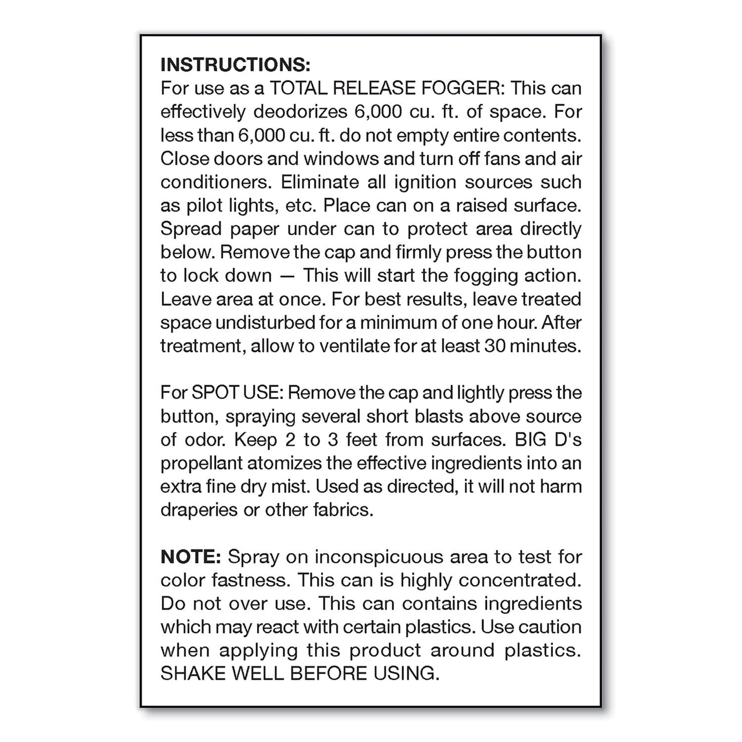 Big D Industries Odor Control Fogger, Original Scent, 5 oz Aerosol Spray, 12/Carton