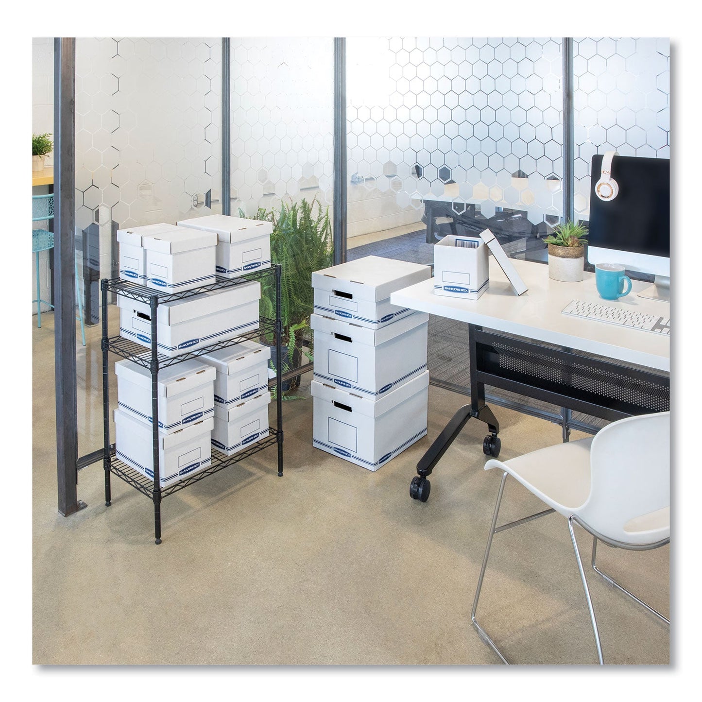 Bankers Box Organizer Storage Boxes, Small, 6.25" x 8.13" x 6.5", White/Blue, 12/Carton