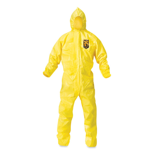 KleenGuard A70 Chemical Spray Protection Coveralls, Hooded, Storm Flap, Large, Yellow, 12/Carton