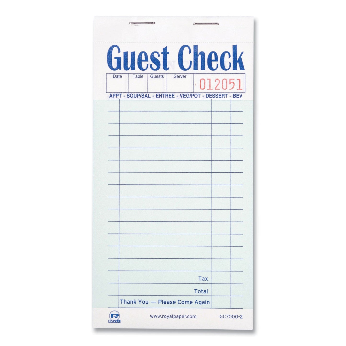 AmerCareRoyal Guest Check Book, Two-Part Carbonless, 3.6 x 6.7, 1/Page, 50/Book, 50 Books/Carton