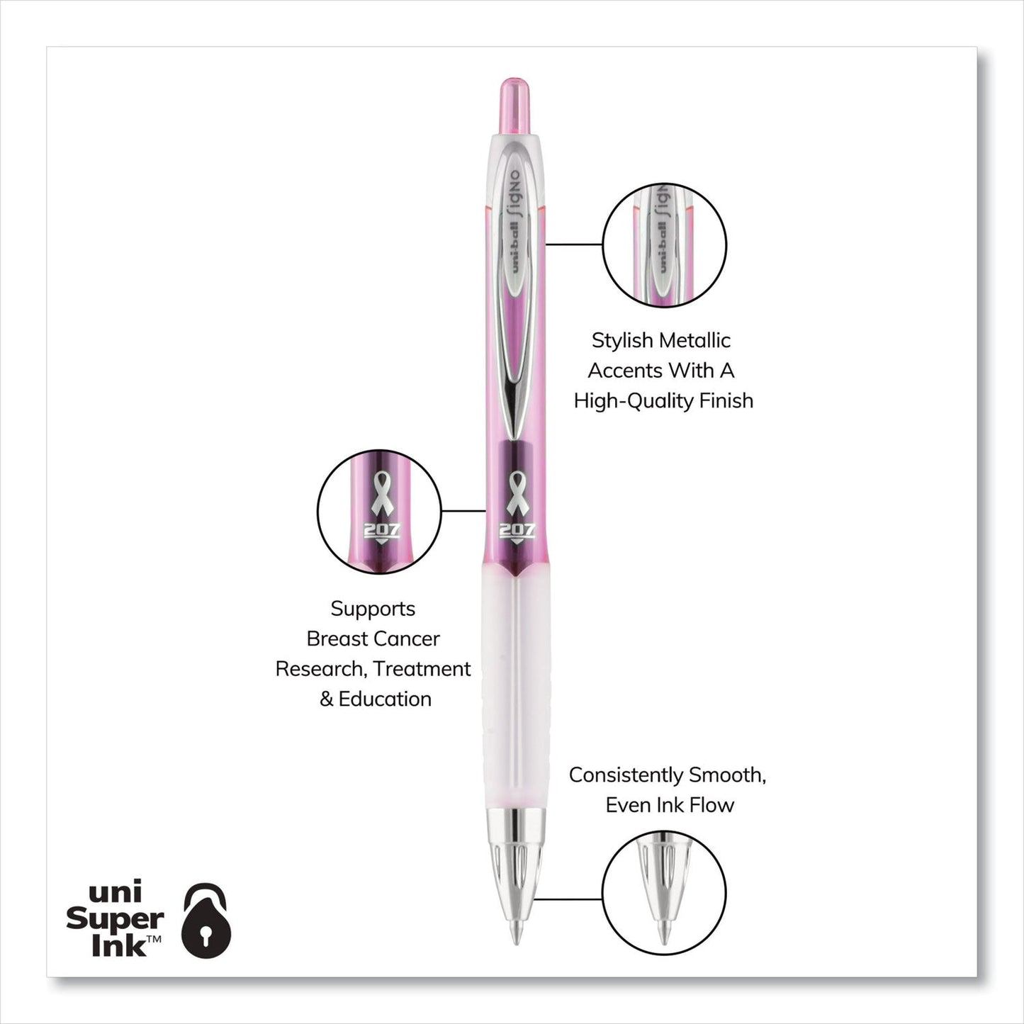 uniball 207 Office Pack Gel Pen, Retractable, Medium 0.7 mm, Black Ink, Pink Barrel, 36/Pack