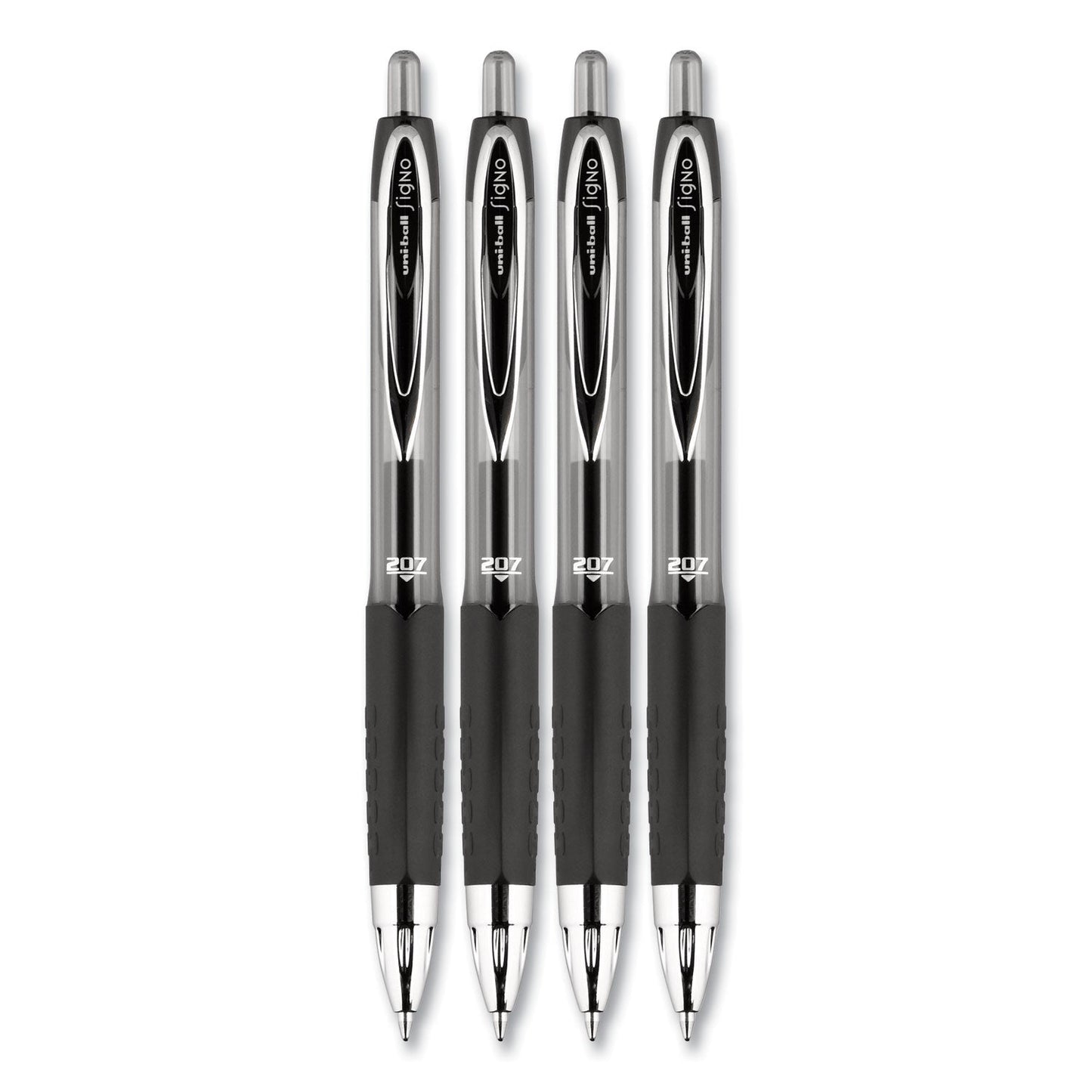 uniball Signo 207 Gel Pen, Retractable, Medium 0.7 mm, Black Ink, Translucent Black Barrel, 4/Pack