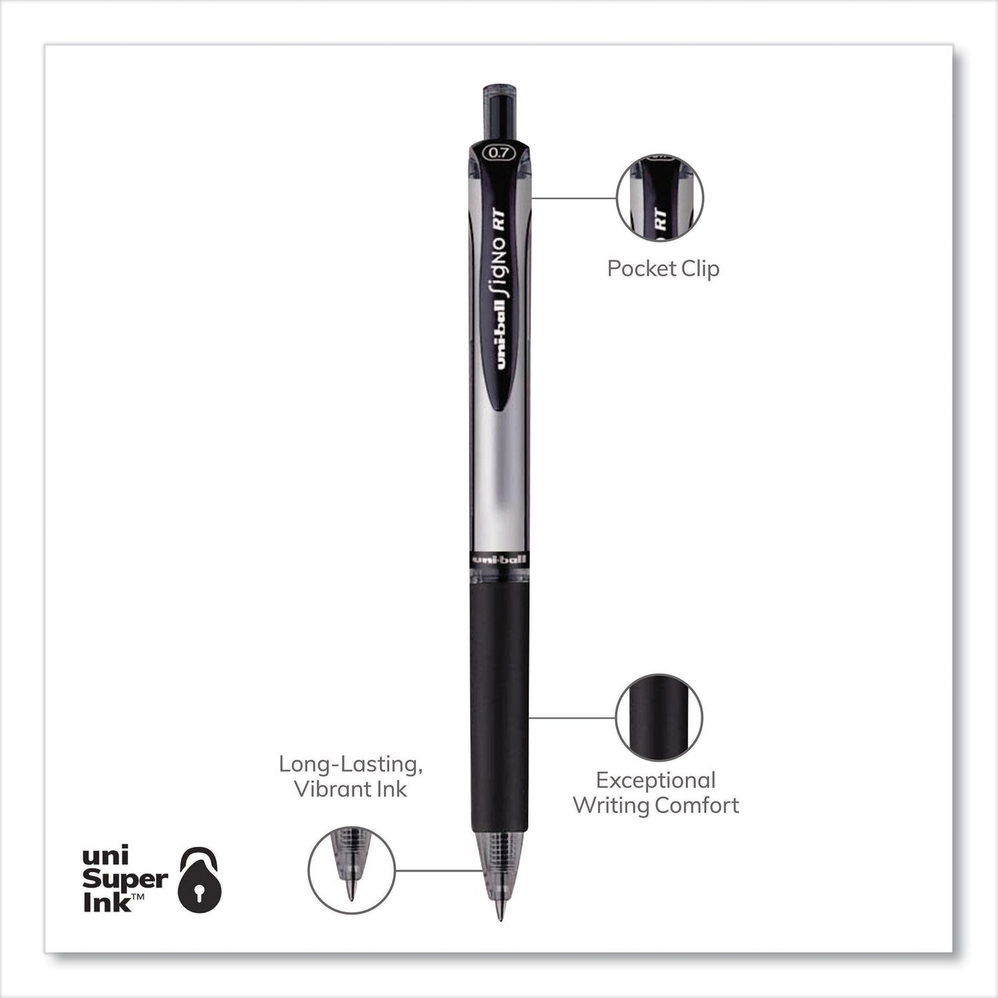 uniball Signo Gel Pen, Retractable, Medium 0.7 mm, Black Ink, Black/Metallic Accents Barrel, Dozen
