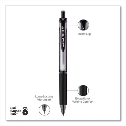 uniball Signo Gel Pen, Retractable, Medium 0.7 mm, Black Ink, Black/Metallic Accents Barrel, Dozen