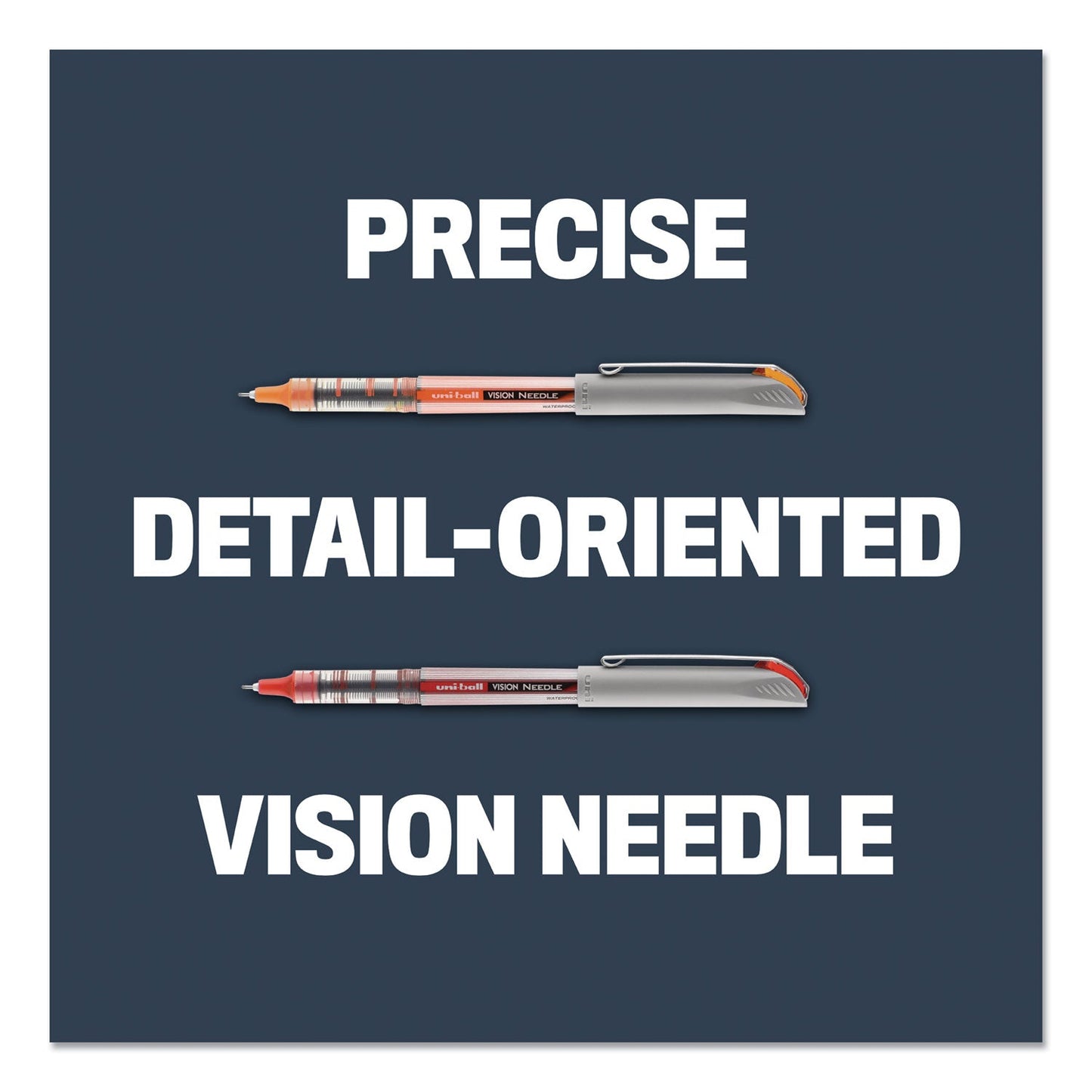 uniball VISION Needle Roller Ball Pen, Stick, Fine 0.7 mm, Black Ink, Silver Barrel, Dozen