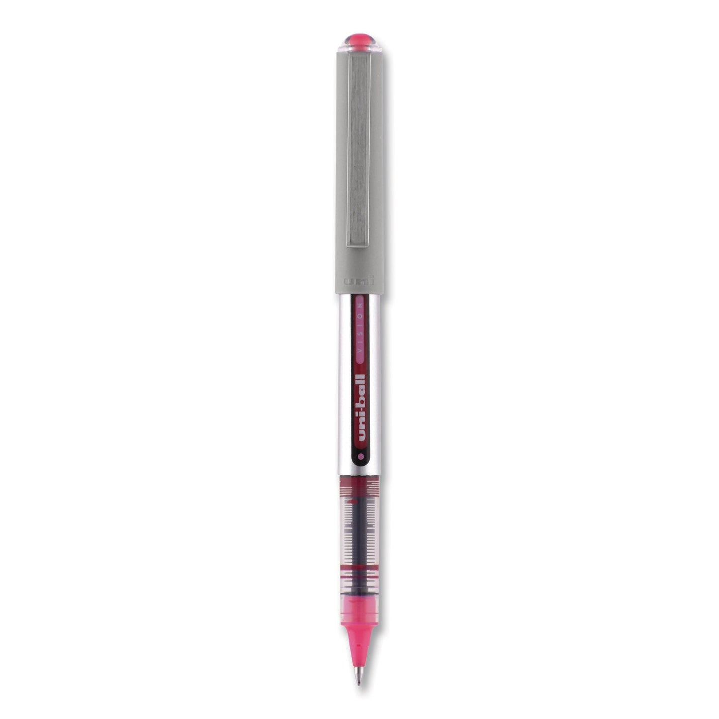 uniball VISION Roller Ball Pen, Stick, Fine 0.7 mm, Passion Pink Ink, Gray Barrel, Dozen