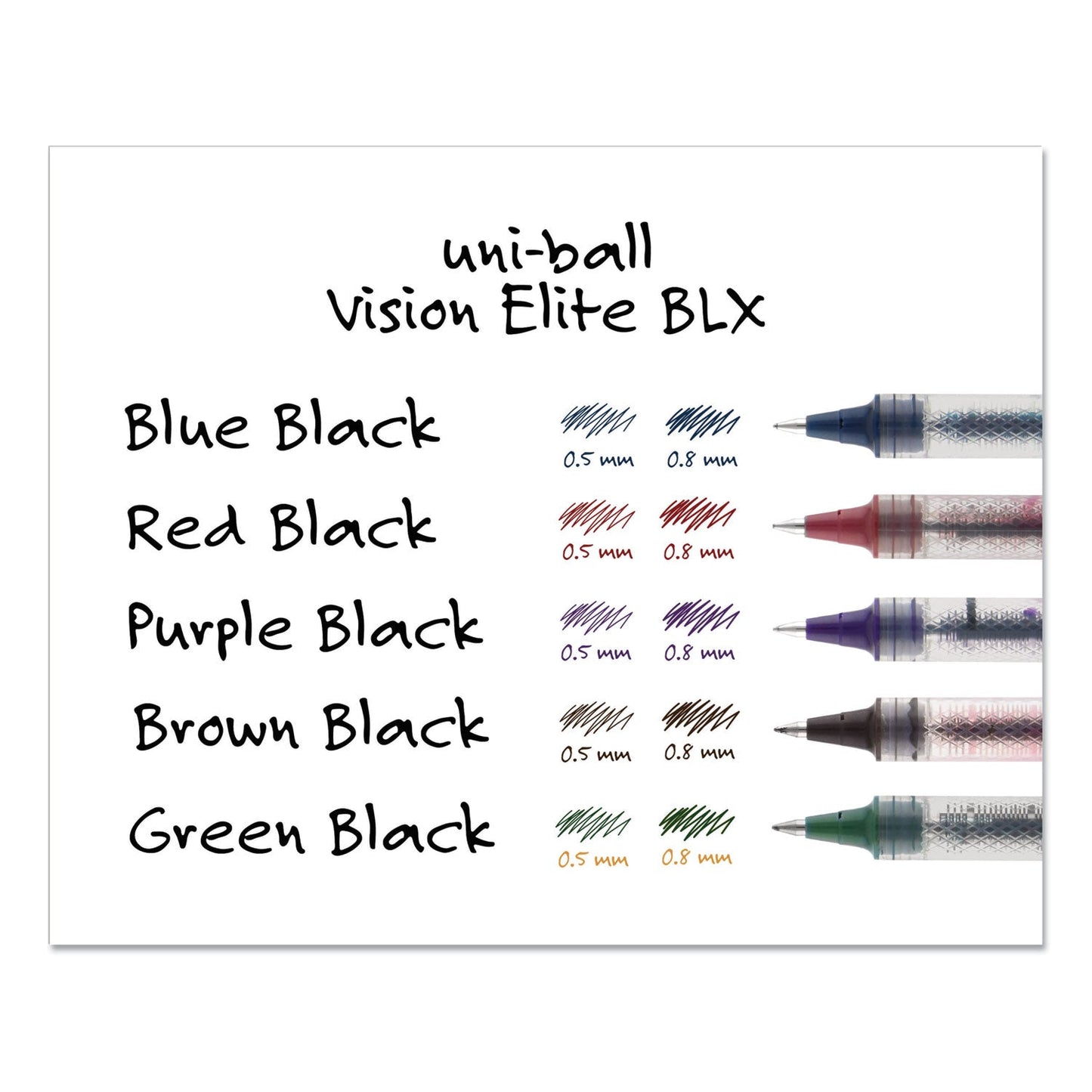 uniball VISION ELITE BLX Series Roller Ball Pen, Stick, Bold 0.8 mm, Assorted Ink and Barrel Colors, 5/Pack