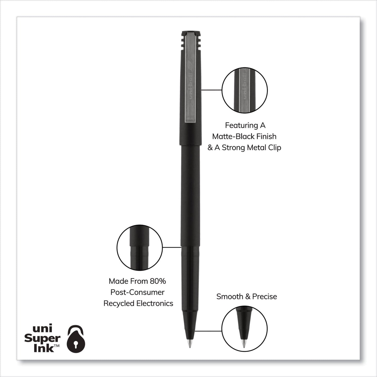 uniball Roller Ball Pen, Stick, Micro 0.5 mm, Black Ink, Black Matte Barrel, 36/Pack