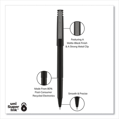 uniball Roller Ball Pen, Stick, Micro 0.5 mm, Black Ink, Black Matte Barrel, 36/Pack