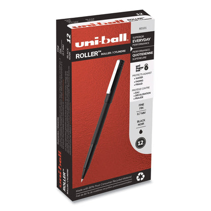 uniball Roller Ball Pen, Stick, Fine 0.7 mm, Black Ink, Black Matte Barrel, Dozen