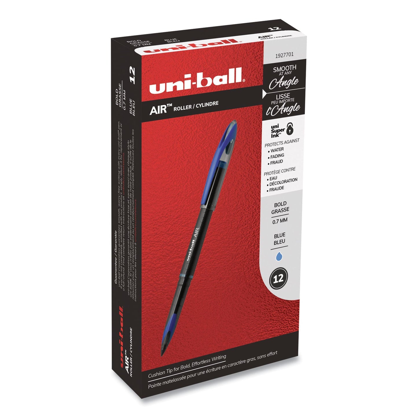 uniball AIR Porous Roller Ball Pen, Stick, Medium 0.7 mm, Blue Ink, Black Barrel, Dozen
