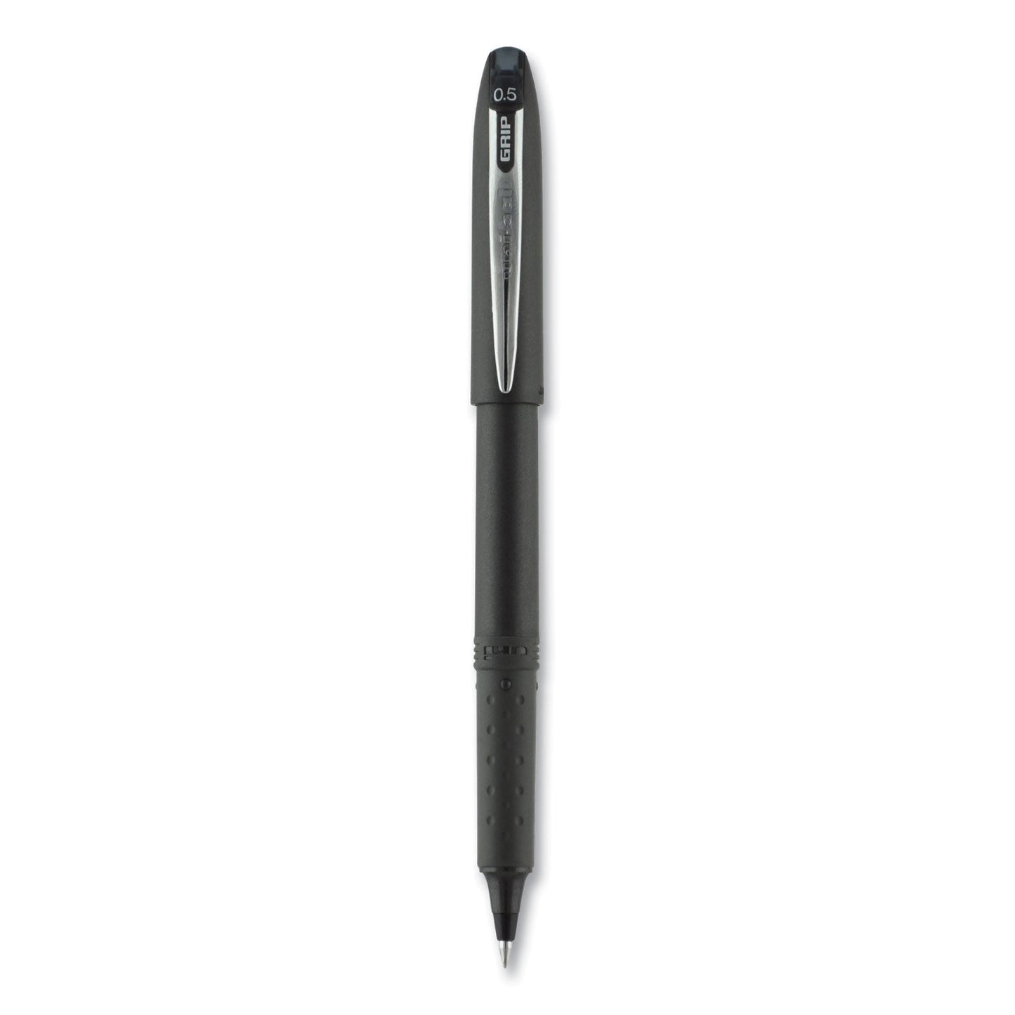 uniball Grip Roller Ball Pen, Stick, Micro 0.5 mm, Black Ink, Black Barrel, Dozen
