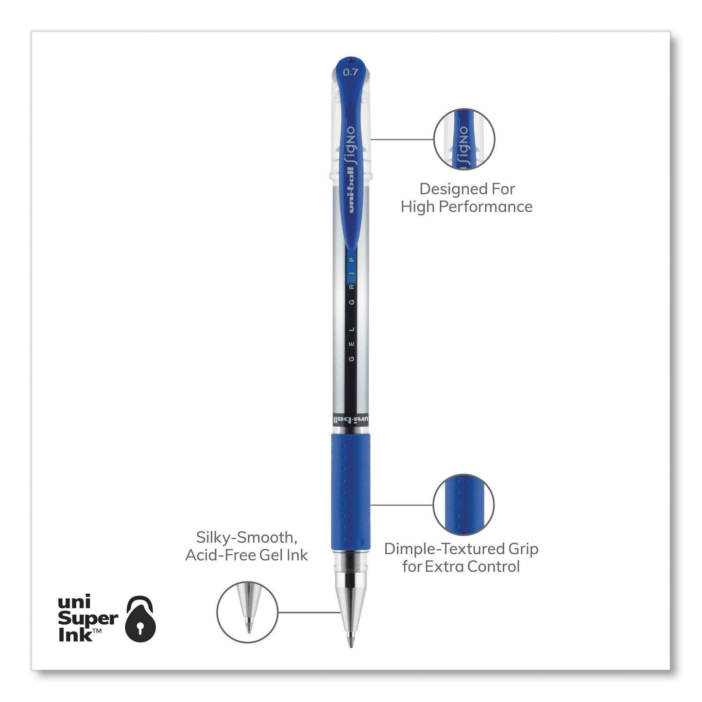 uniball Signo GRIP Gel Pen, Stick, Medium 0.7 mm, Blue Ink, Silver/Blue Barrel, Dozen