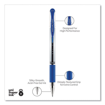 uniball Signo GRIP Gel Pen, Stick, Medium 0.7 mm, Blue Ink, Silver/Blue Barrel, Dozen